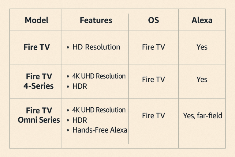 Comparison chart of features, OS, and Alexa integration by model