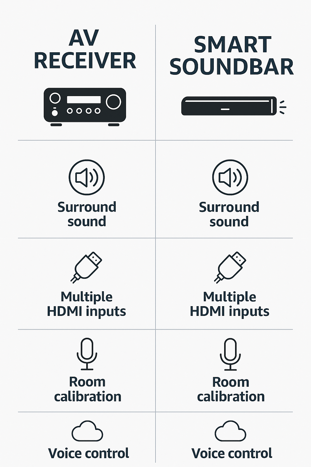 Comparison chart with feature icons highlighting AV receiver vs smart soundbar differences in surround sound, voice control, multiroom audio, and setup simplicity
