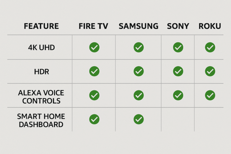 Comparison graphic with checkmarks for each feature across TV models.