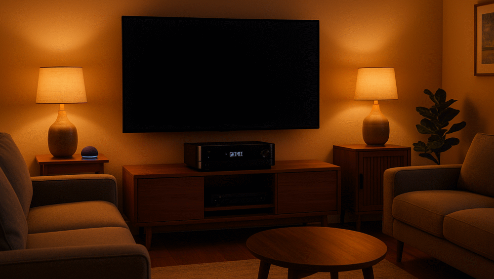 Cozy living room with smart lights glowing warm and AV receiver display showing input switch – alexa routines with av receivers example.