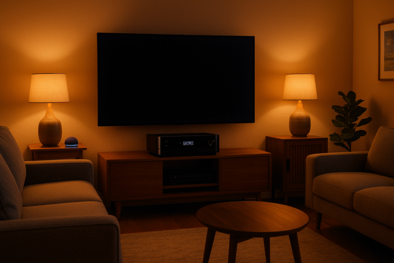 Cozy living room with smart lights glowing warm and AV receiver display showing input switch – alexa routines with av receivers example.