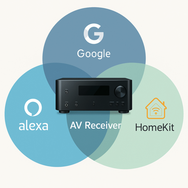 Diagram showing AV receiver at center of Alexa, Google, and HomeKit devices