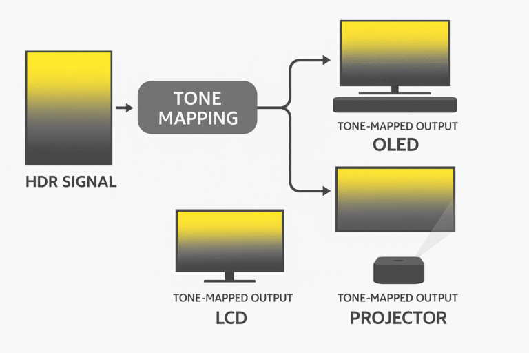 Diagram showing HDR signal input vs tone-mapped output to different display types