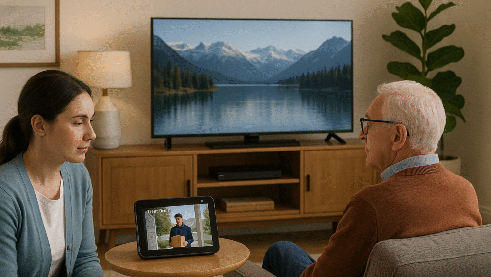 Elderly person watching TV while caregiver monitors a Ring camera feed on an Echo Show as part of an automated TV setup for elderly users.