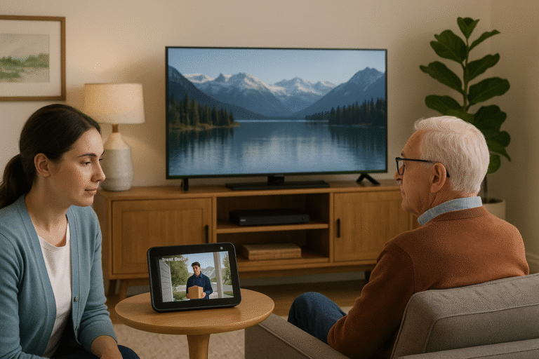 Elderly person watching TV while caregiver monitors a Ring camera feed on an Echo Show as part of an automated TV setup for elderly users.