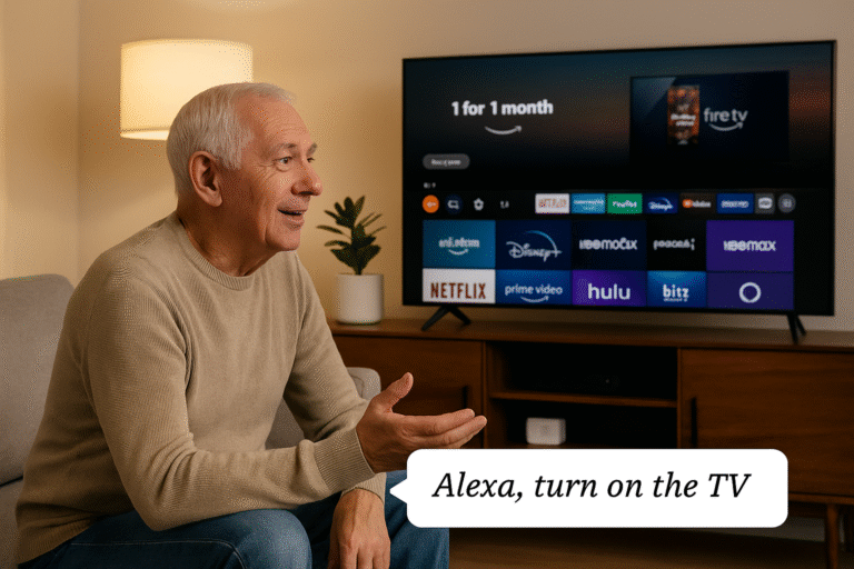 Elderly user giving Alexa command while sitting in front of Fire TV