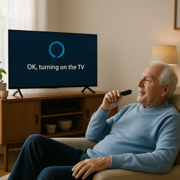 Elderly user relaxing with a smart TV responding to voice commands.