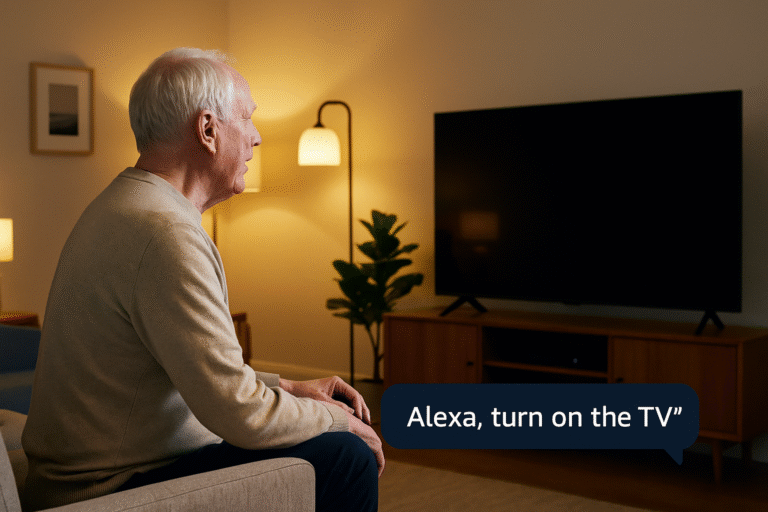 Elderly user saying ‘Alexa, turn on the TV’ from across the room as part of an automated TV setup for elderly users.