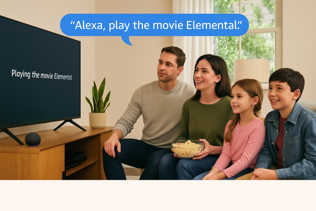 Family in living room using Echo voice command, Fire TV responding on-screen.