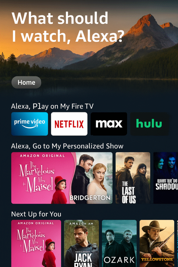 Fire OS homepage showing Alexa personalized rows.