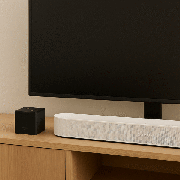 Sonos Beam with Fire TV Alexa – Fire TV Cube on TV stand next to Sonos Beam and television for hands-free control