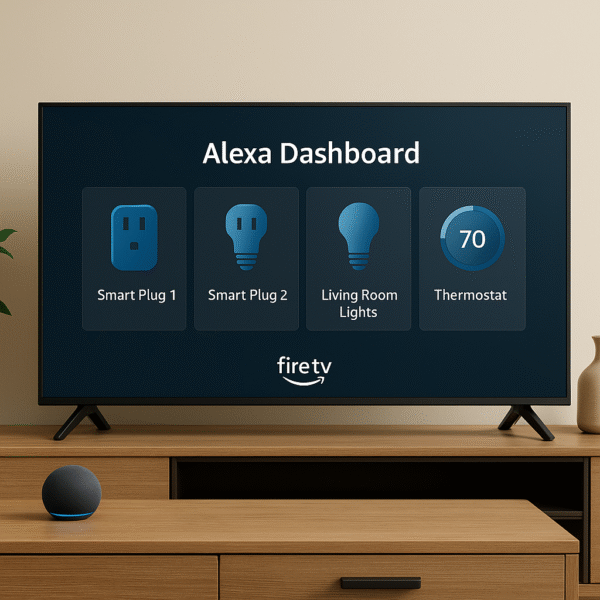 Fire TV interface showing Alexa dashboard with smart plugs, lights, and thermostat.