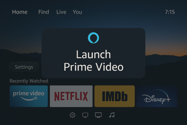 Fire TV interface with Alexa overlay launching an app