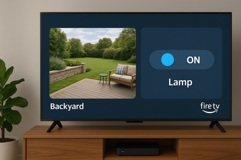 Fire TV screen displaying a live camera feed and smart plug toggle UI as part of Fire TV smart home integration.