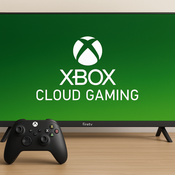 Fire TV screen with Xbox Cloud gaming title + gamepad in foreground