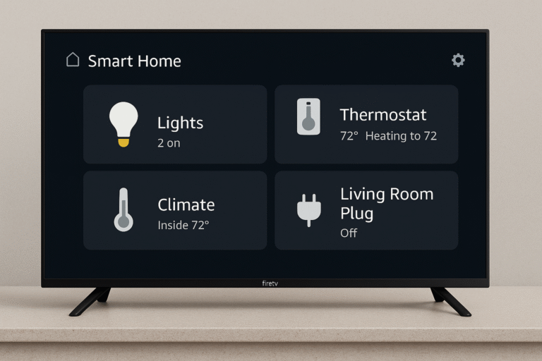 Fire TV smart home dashboard screen showing tiles for lights, thermostat, plugs, and cameras as part of Fire TV smart home integration.
