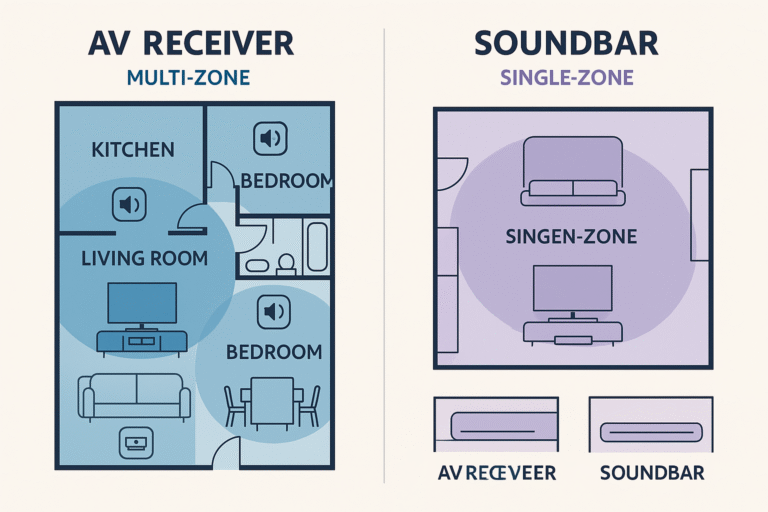 Floor plan diagram showing AV receiver setup with multiple speaker zones versus smart soundbar single-room placement – AV receiver vs soundbar home layout.