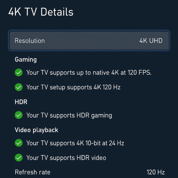 Gaming console UI on Xbox/PS5 showing 4K 120Hz with HDR enabled in display settings for HDMI 2.1 AV receiver setup.