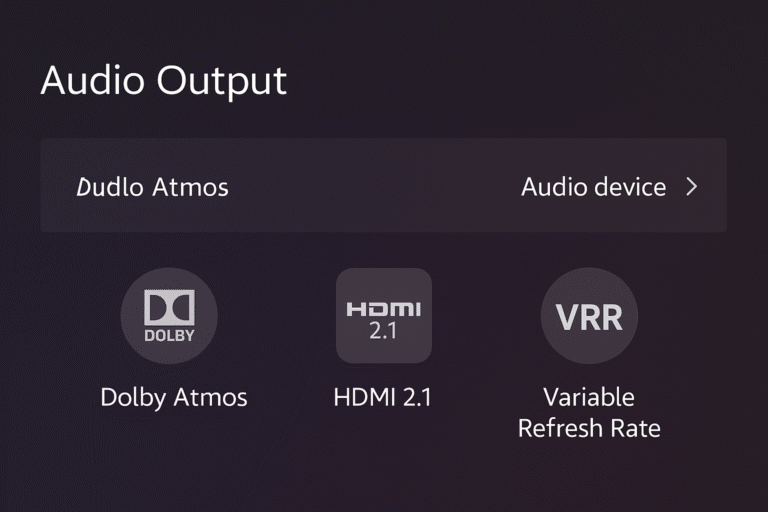 Gaming UI screen showing icons for Dolby Atmos, HDMI 2.1, and VRR alongside an AV receiver and soundbar setup – best gaming audio setup features.