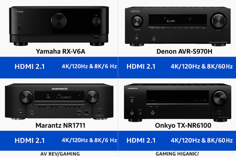 Grid comparison of AV receiver models with HDMI gaming highlights such as 4K/120Hz, VRR, and ALLM labeled for the best 8K AV receivers.