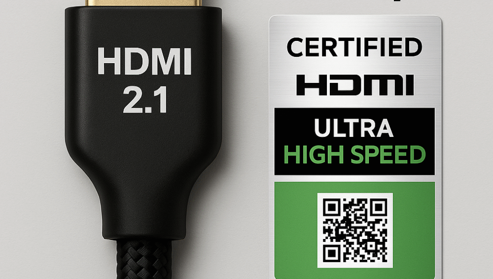 HDMI 2.1 cable labeled with bandwidth & certification seal