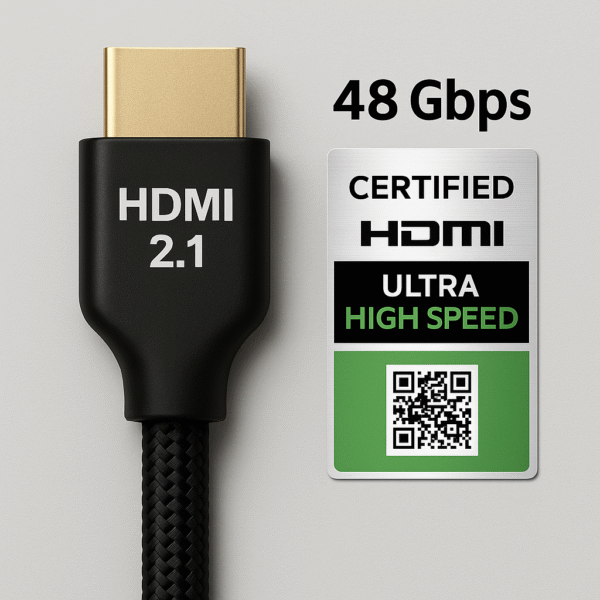 HDMI 2.1 cable labeled with bandwidth rating and official certification seal for reliable AV receiver setup