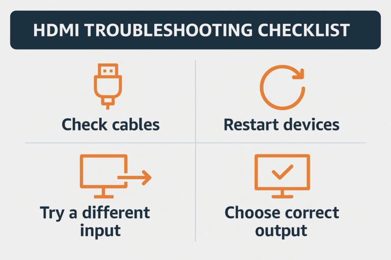 HDMI 2.1 troubleshooting checklist with quick fix icons for no signal, HDR issues, black screen, and missing 4K/120Hz options