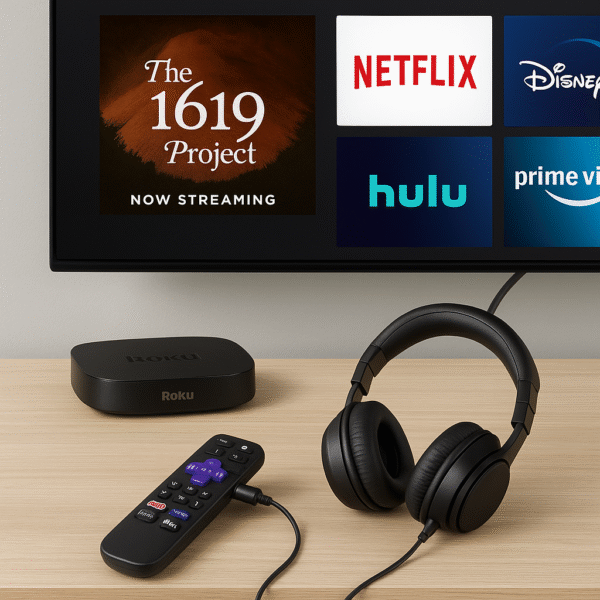 Headphones plugged into Roku Ultra remote next to TV