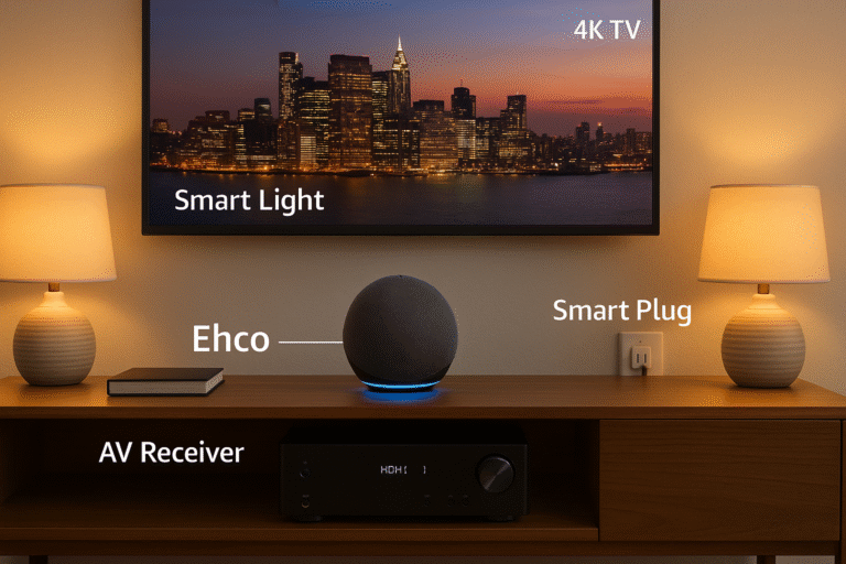 Labeled photo of a smart home theater setup with Alexa device in the center, showing AV receiver, smart TV, lights, and plugs – Alexa vs universal remote control example