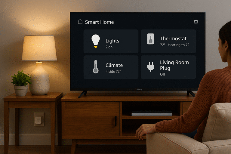 Lifestyle image showing Fire TV with smart bulbs and a smart plug setup, demonstrating Fire TV smart home integration in a modern living room.