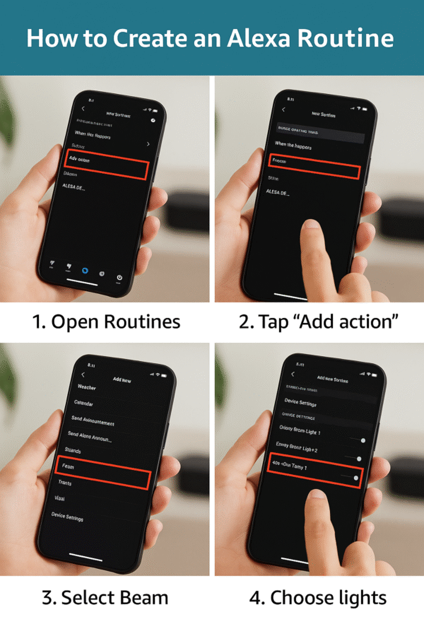 Alexa voice routine setup guide – lifestyle image showing a cozy movie scene with Sonos Beam and dimmed lights