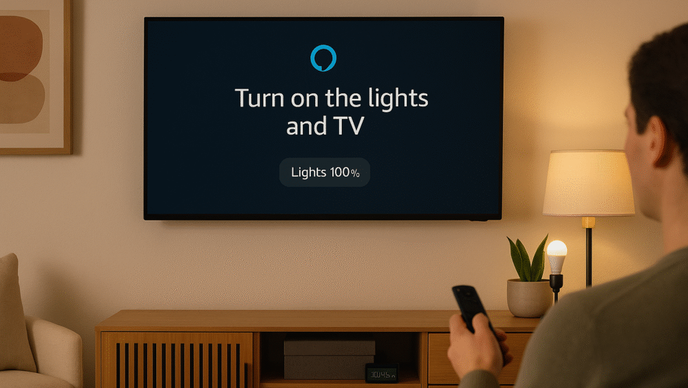 Living room setup showing Alexa controlling lights and TV together