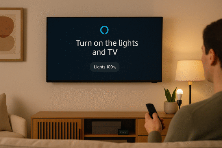 Living room setup showing Alexa controlling lights and TV together