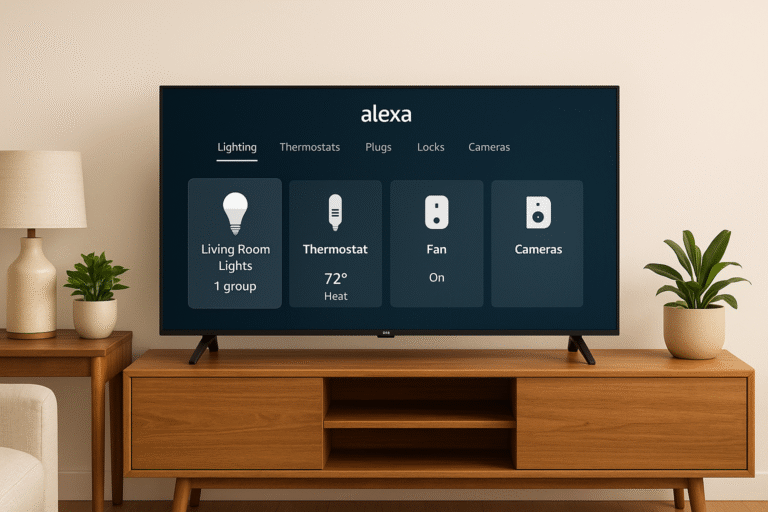 Living room setup with Fire TV screen showing Alexa device dashboard