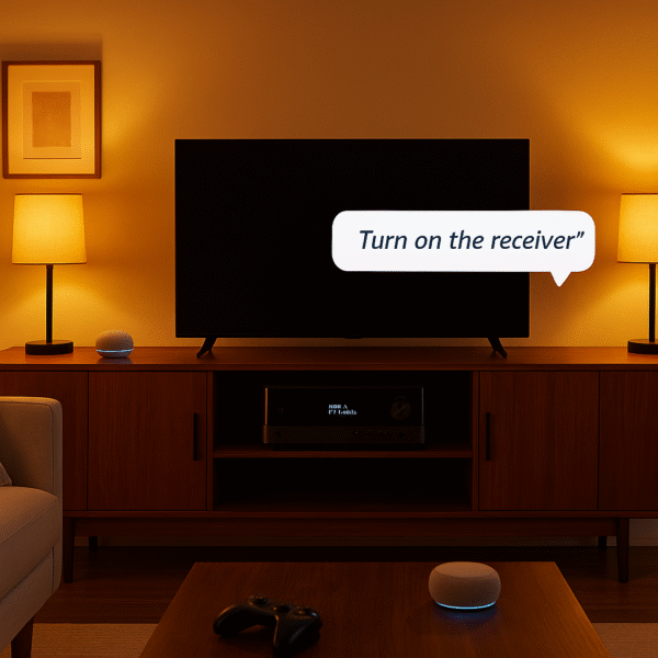 Living room with Echo Dot controlling AV receiver and smart light automation in action – Alexa vs universal remote smart home setup.