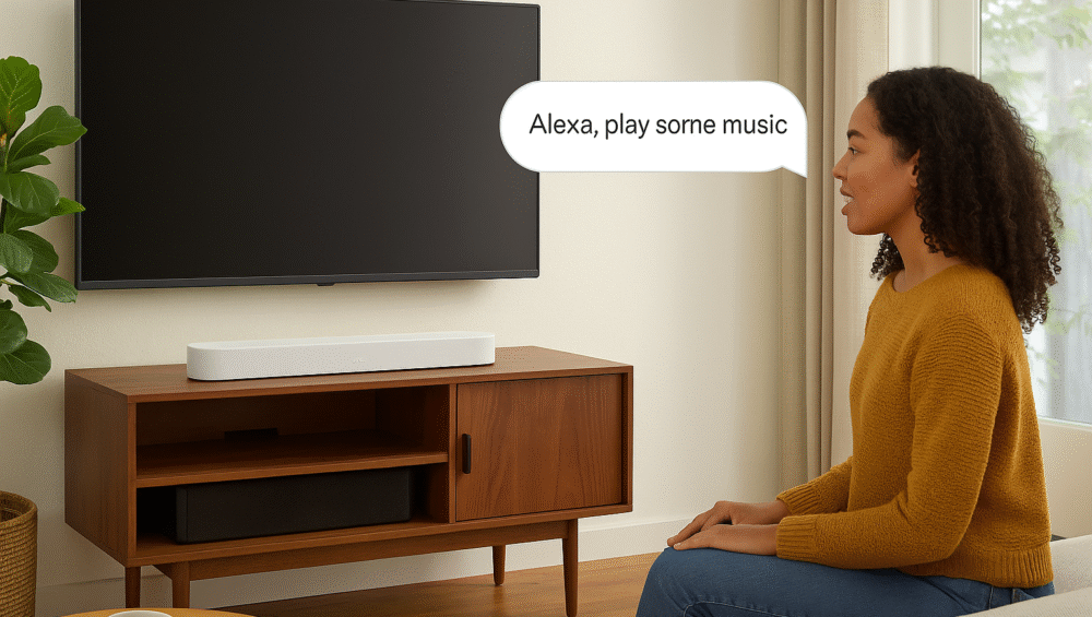 Living room with Sonos Beam responding to Alexa music command