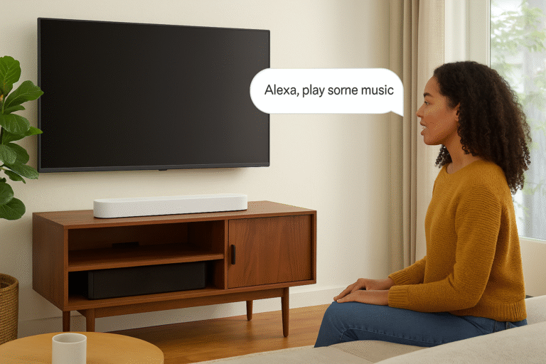 Living room with Sonos Beam responding to Alexa music command