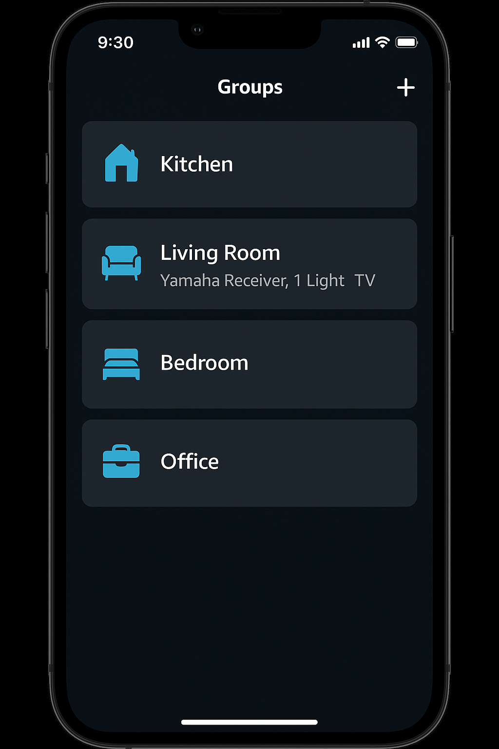 Mobile app UI showing smart home groups with receiver included