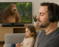 Parent using headphones with Roku while child watches silently