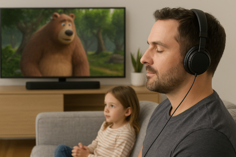 Parent using headphones with Roku while child watches silently