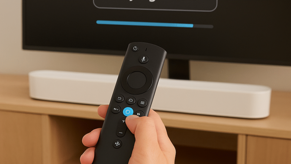 Person holding Alexa Voice Remote with Beam playing in background
