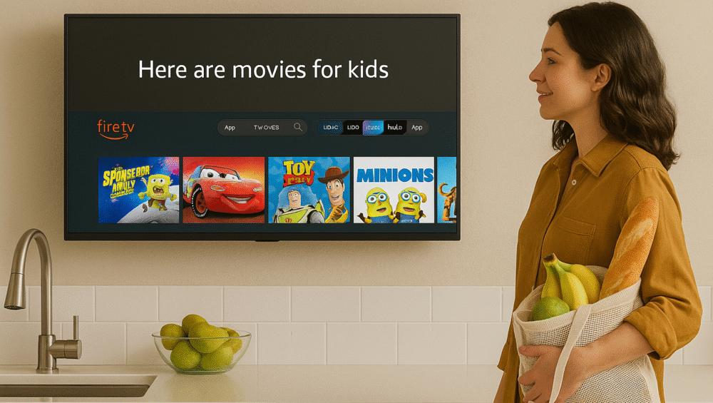 Person using voice command in the kitchen while TV responds