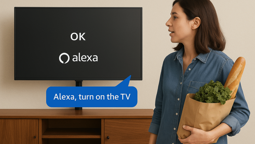 Person using voice command while holding groceries, interacting with TV
