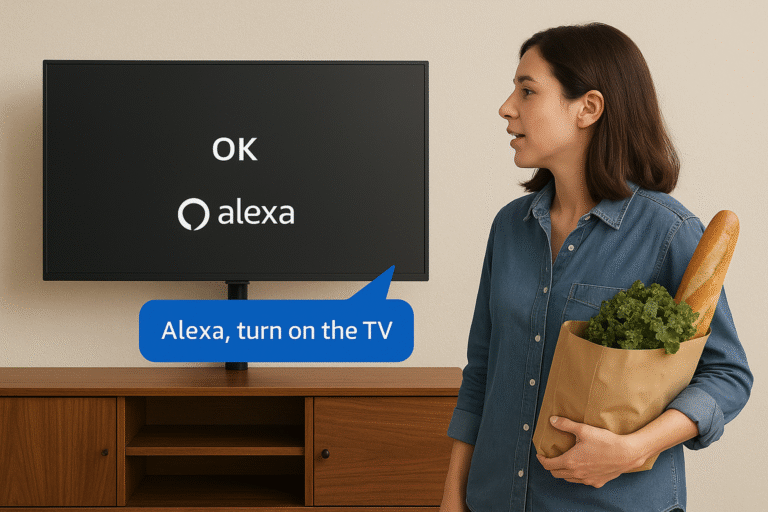 Person using voice command while holding groceries, interacting with TV