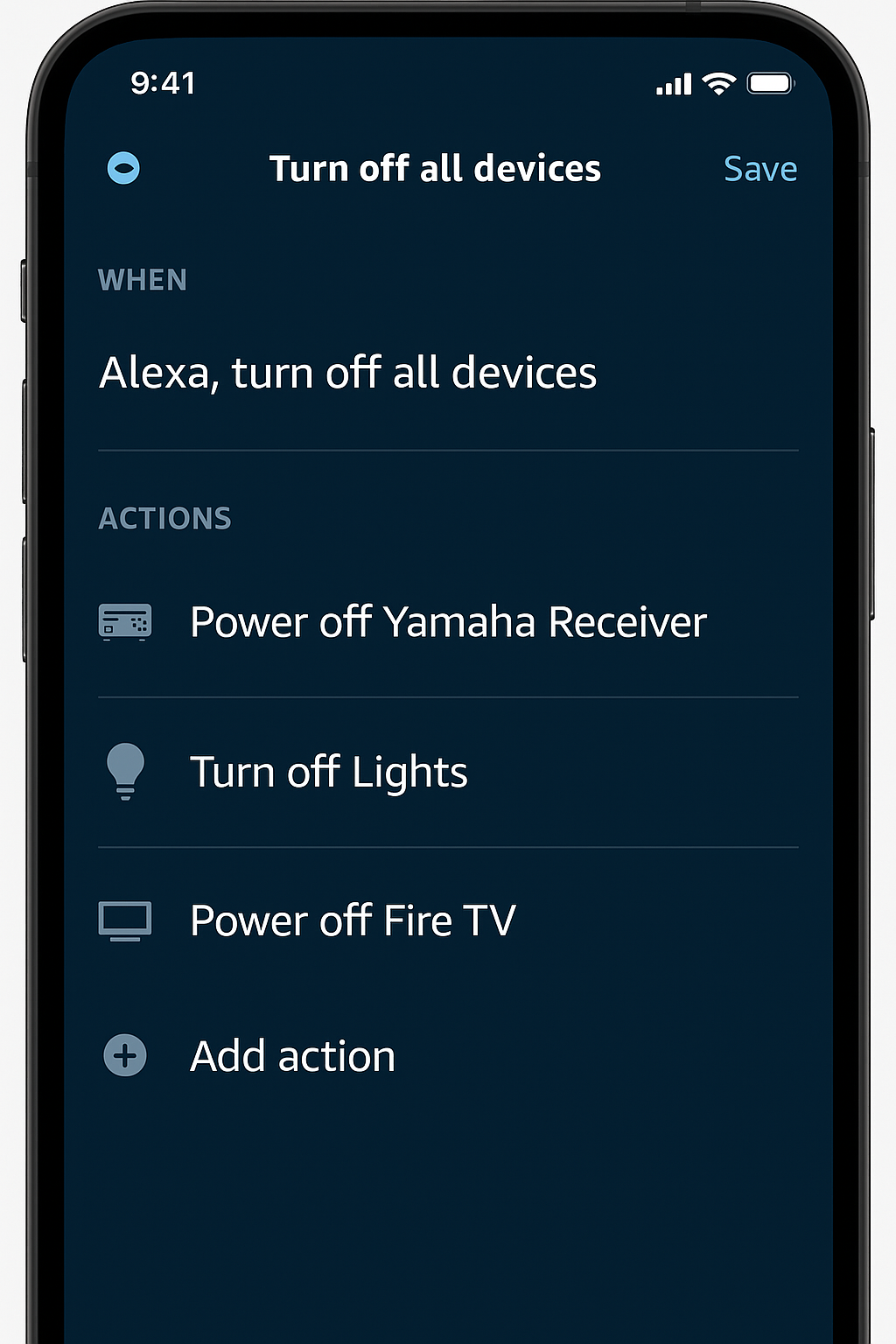 Phone screenshot of Alexa routine builder showing AV receiver, smart lights, and TV connected in one automation flow – alexa routines with av receivers.