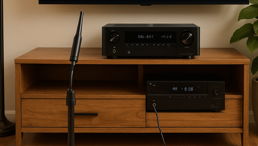 Photo of a calibration mic placed at the listening position with AV receiver interface onscreen