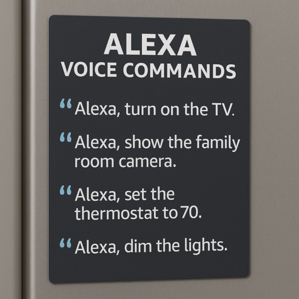 Printed voice command guide magnet on fridge or next to TV