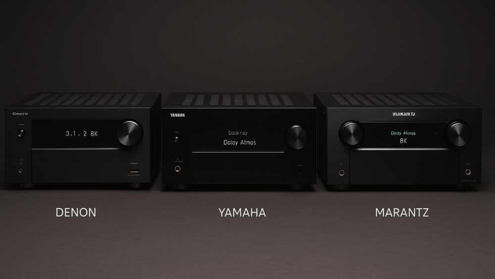 Product lineup photo of mid and high-end 8K receivers