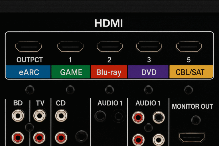 AV receiver back panel with HDMI 2.1 ports labeled and color-coded for easy setup.