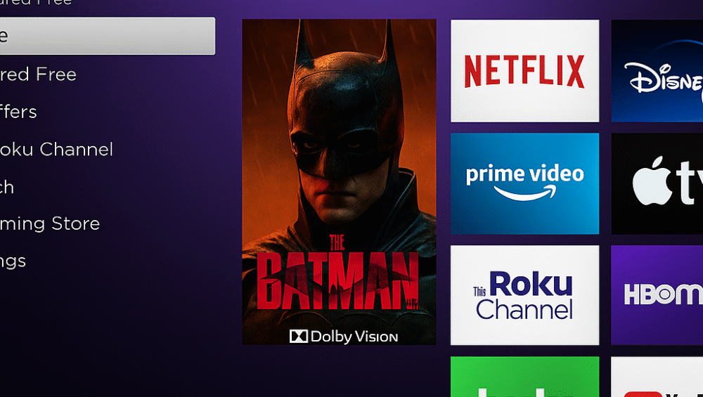 Roku Ultra UI with Dolby Vision icon visible on content preview